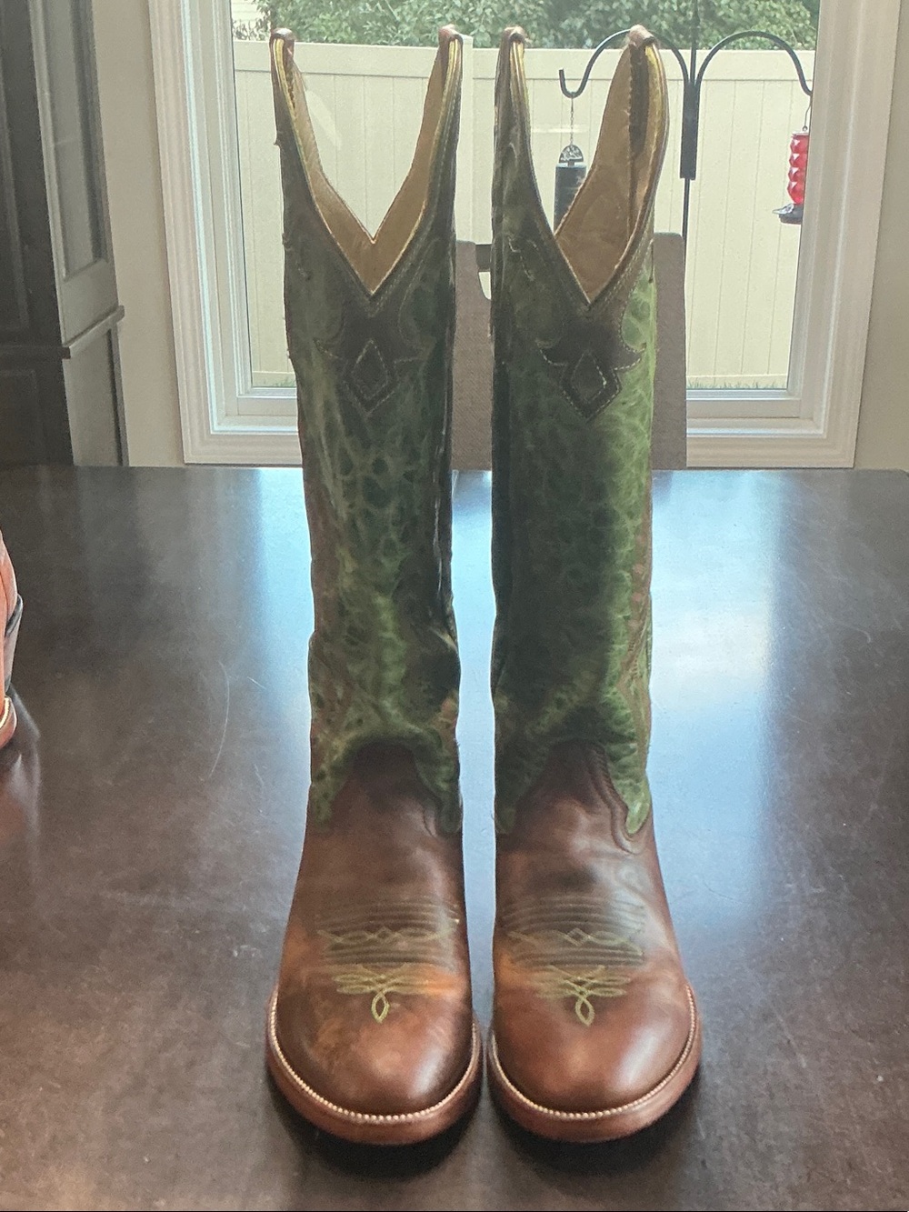 Men's Brown Leather Cowboy Boots with Green Embroidered Shaft